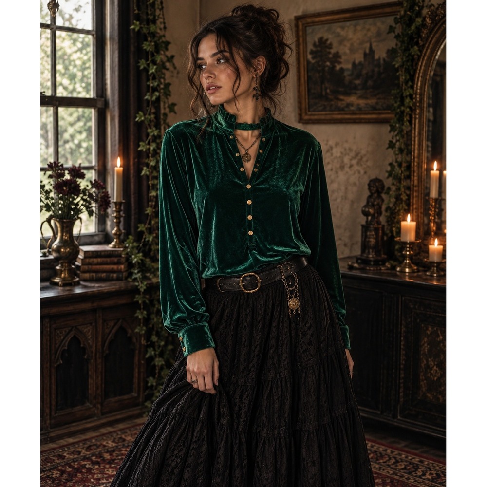 Emerald Green Velvet Ruffle Collar Blouse Dark Academia Gothic Gold Button Top S